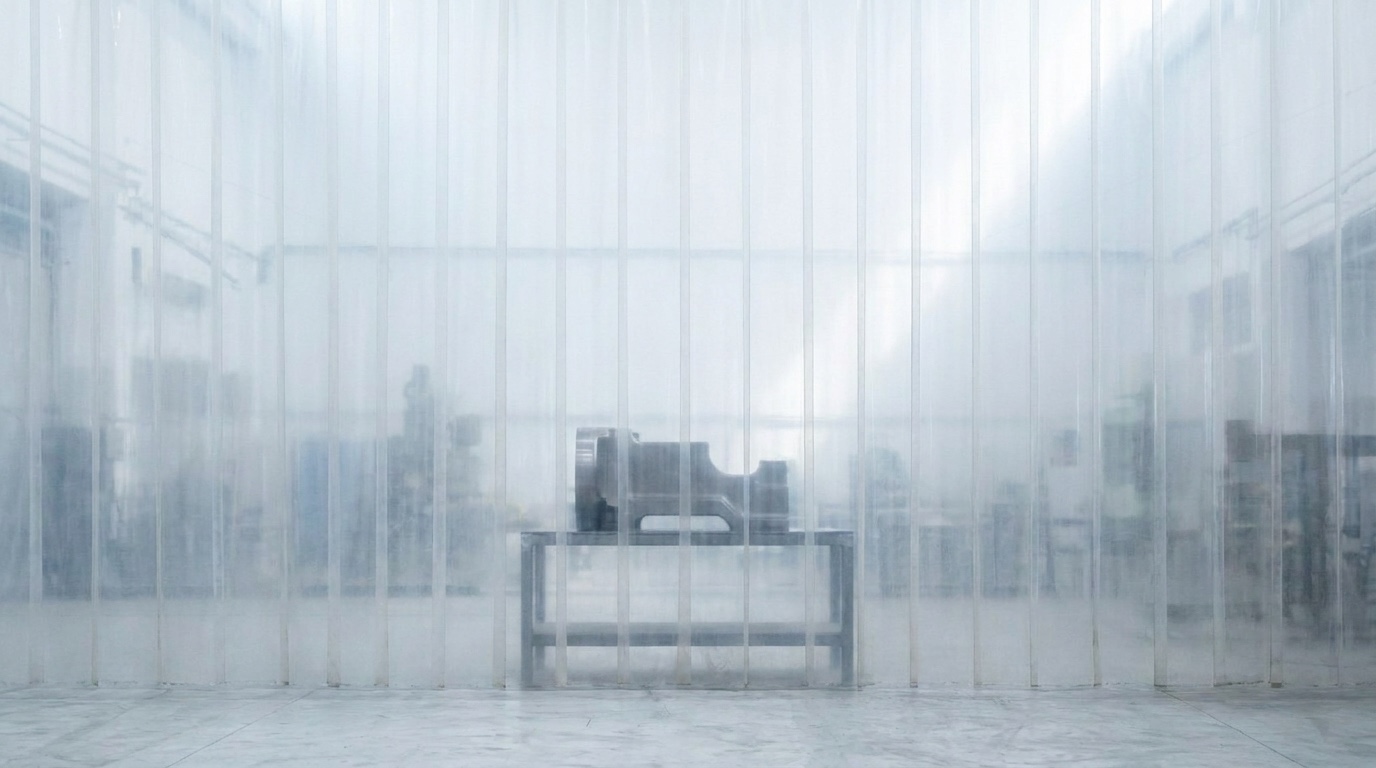 Back outside: a fresh translucent screen, and behind it only the silhouette of a cast form — made, and deliberately not shown.